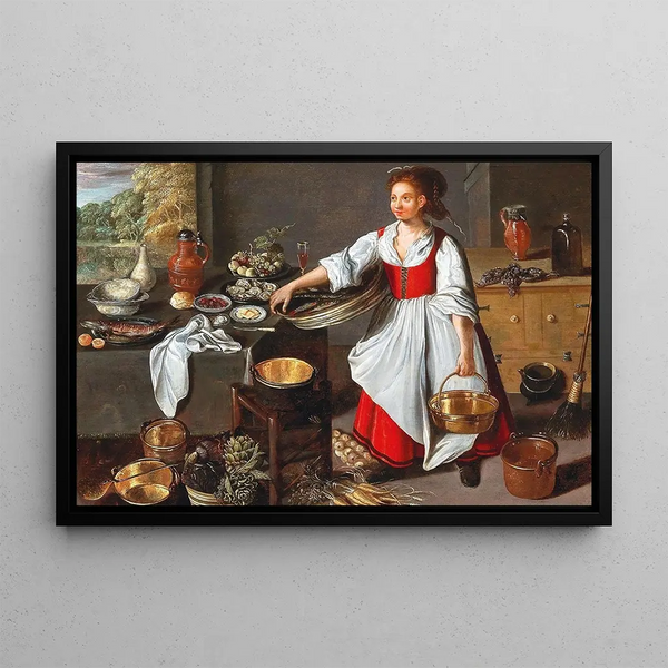 Interior kitchen painting with a servant - Antwerp School — framed artwork on a wall