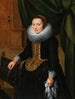 Portret van een elegante dame staand naast een stoel - School van Antwerpen — weergave van het kunstwerk