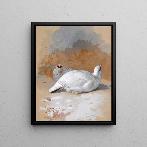 a couple of lagopèdes in the snow - Archibald Thorburn — framed artwork on a wall