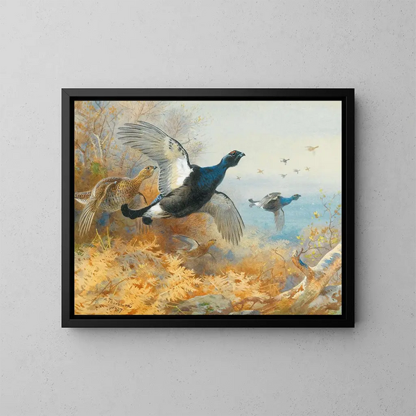 Zwarte kip vooraan - Archibald Thorburn — ingelijst kunstwerk aan de muur
