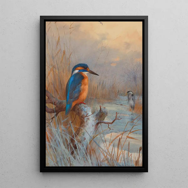 Reproductie van het schilderij Vissers bevroren Martin-vis en reiger in een winterlandschap - Archibald Thorburn