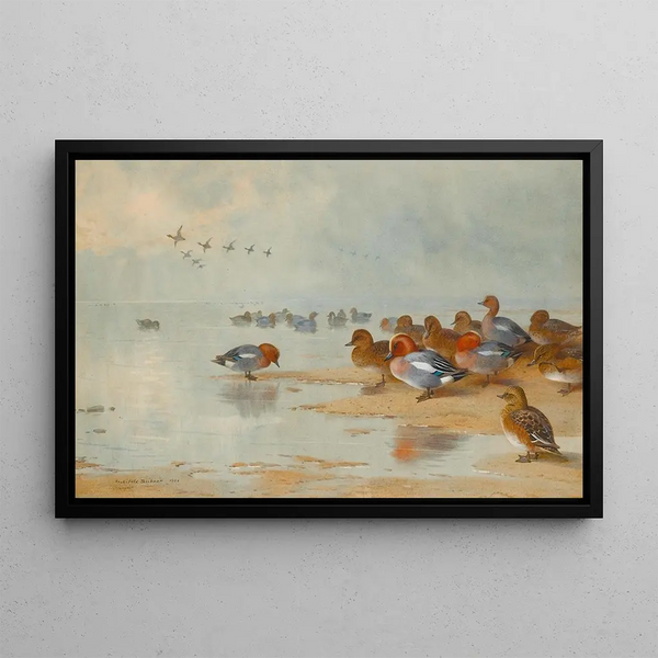 Sarcelle en eendje fluitend aan de waterkant - Archibald Thorburn — ingelijst kunstwerk aan de muur