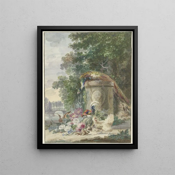 Peacock and poultry in a park chased by a dog - Arie Lamme — framed artwork on a wall