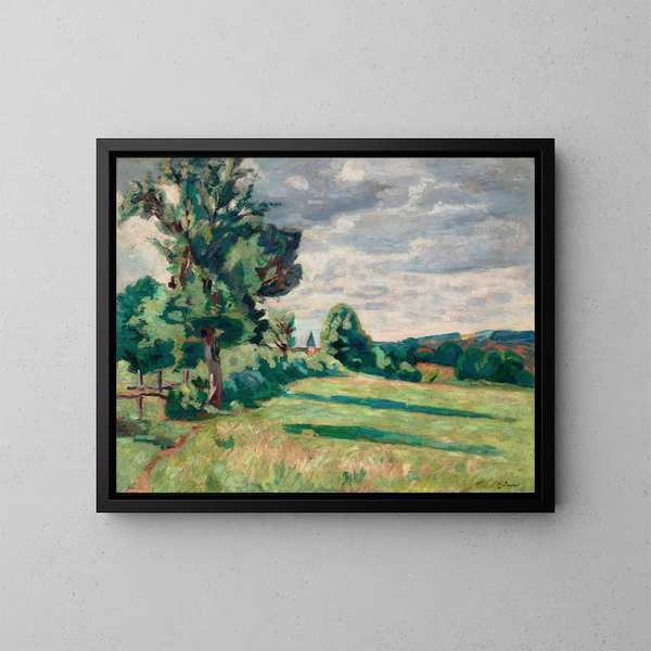 Pastures of the Crozant Barns - Armand Guillaumin — framed artwork on a wall