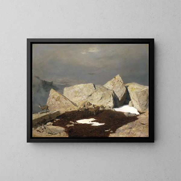 Landschap met hoge bergtoppen en gemzen - Arnold Böcklin — ingelijst kunstwerk aan de muur