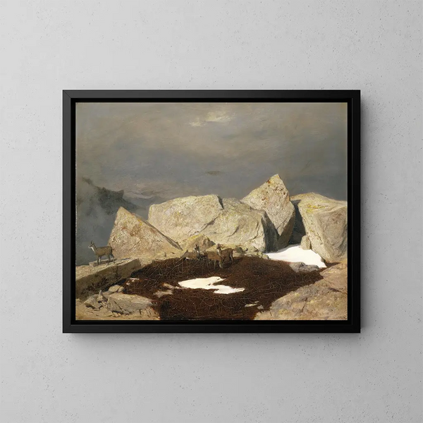 Landschapschilderij met gemzen - Arnold Böcklin — ingelijst kunstwerk aan de muur