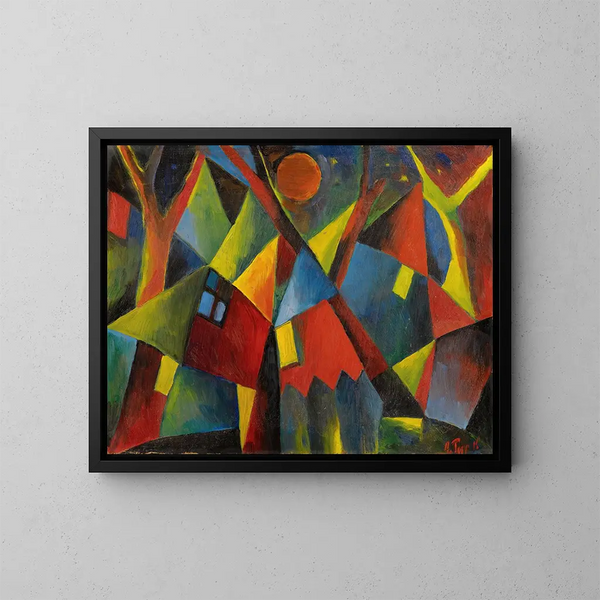 Yellow Moon on Tumultuous Houses - Arnold Topp — framed artwork on a wall