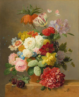 Arnoldus Bloemers - Still life with roses peonies tulips narcissi convulvulus and others in a vase on a marble ledge.webp
