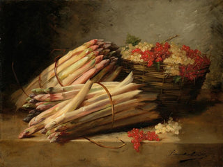 ArthurAlfred Brunel de Neuville - Nature morte aux asperges et groseilles sur un entablement de pierre.webp