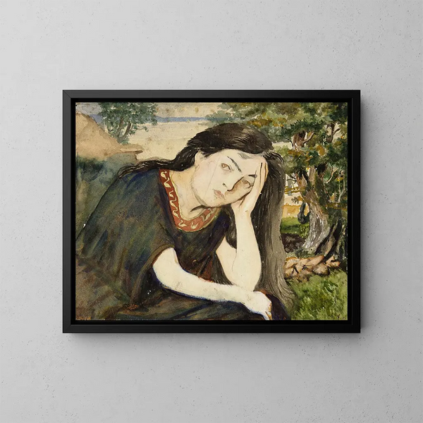 a seated woman with long hair, her head resting in her left hand - Arthur Joseph Gueniot — framed artwork on a wall