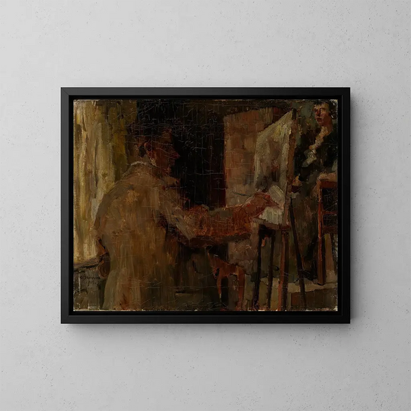 Wilhelm Trübner painting in the studio - Arthur Grimm — framed artwork on a wall