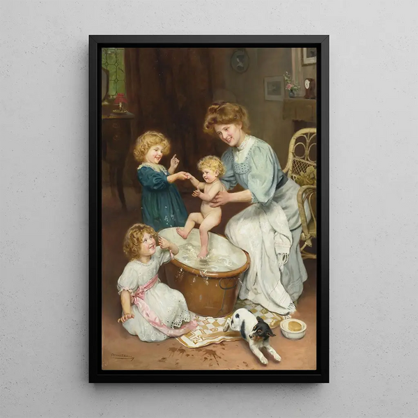 L'heure du bain de bébé - Arthur John Elsley — framed artwork on a wall