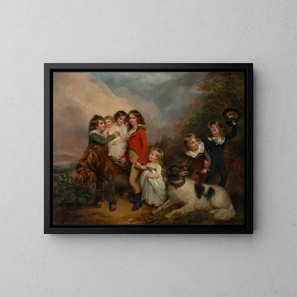 Portrait of Benjamin Goldsmid's children with a pony and a dog in a landscape - Arthur William Devis — framed artwork on a wall