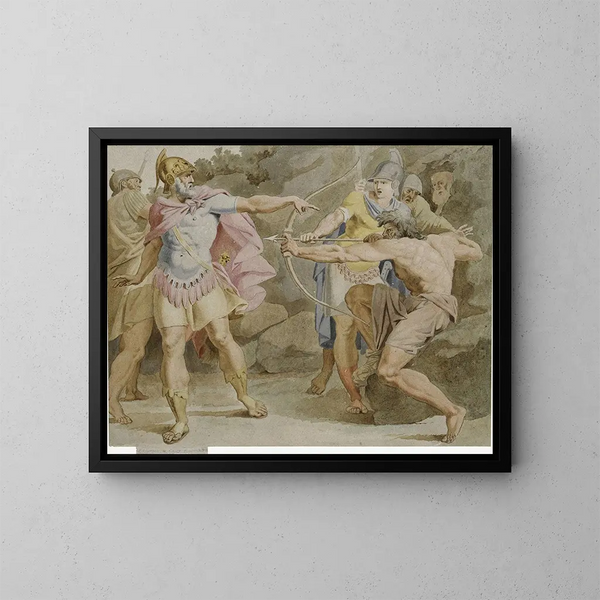 van Philoctetes die zich richt op de boog van Hercules op Odysseus - Asmus Jacob Carstens — ingelijst kunstwerk aan de muur