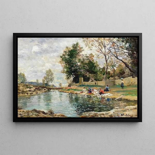 Lavandières sur les rives d'une rivière - Attilio Pratella — framed artwork on a wall