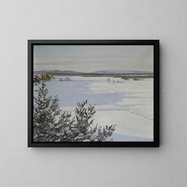 Snowy landscape painting - August Hagborg — framed artwork on a wall