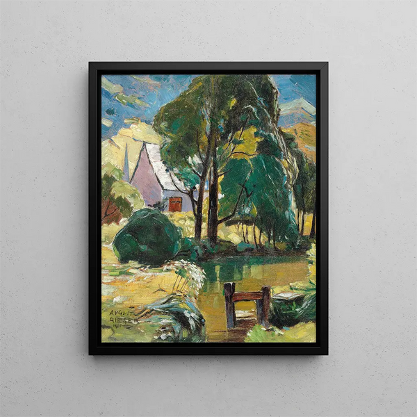House at the edge of the pond - August Rieger — framed artwork on a wall