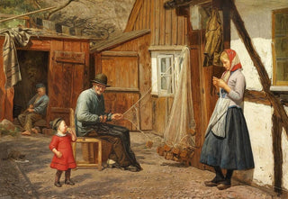 August Schitt - Ung pige i samtale med en fisker der bder garn uden for et hus.webp