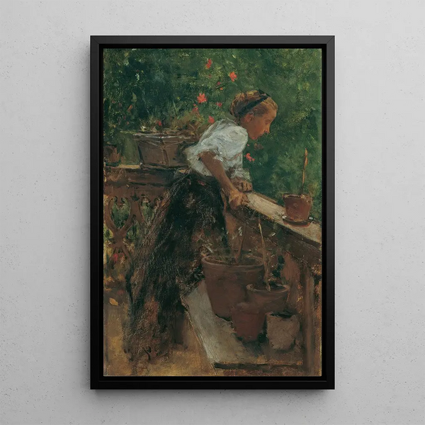 Jonge boerenvrouw op balkon - August von Pettenkofen — ingelijst kunstwerk aan de muur