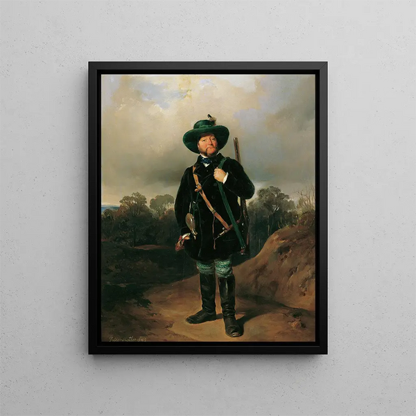 Josef Strommer in de rol van jager - August von Pettenkofen — ingelijst kunstwerk aan de muur