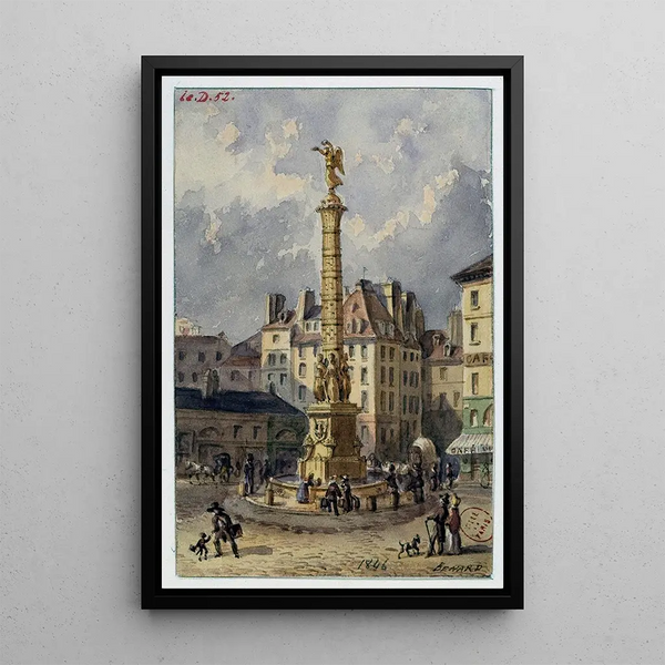 La place du Châtelet et la fontaine des Palmiers - Auguste Sébastien Bénard — framed artwork on a wall