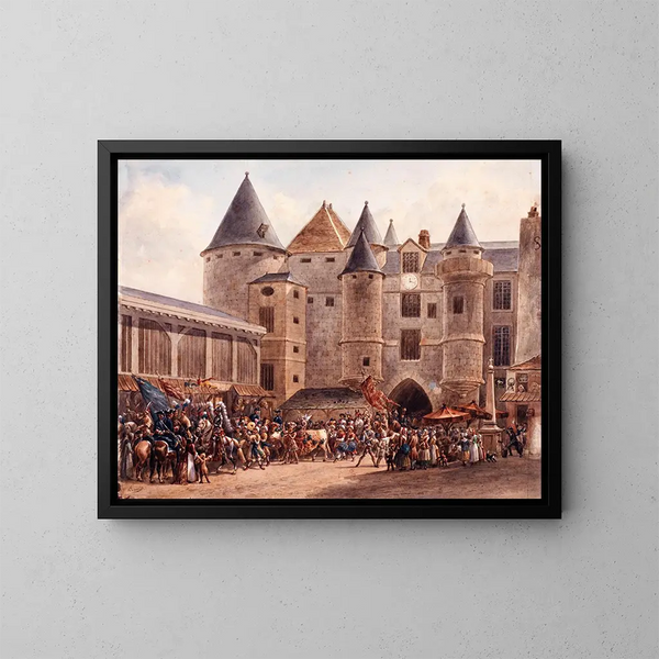 The fat buffalo in front of the Grand Châtelet on a Carnival day - Auguste Sébastien Bénard — framed artwork on a wall