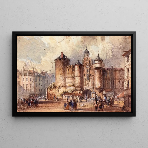 L'entrée de l'ancienne forteresse du Grand Châtelet, un jour de carnaval - Auguste Sébastien Bénard — framed artwork on a wall