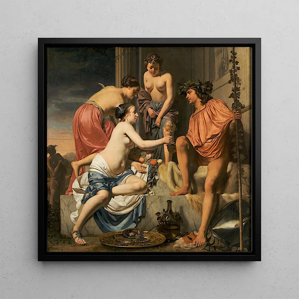 Bacchus sur un trône, nymphes offrant à Bacchus vin et fruits - Caesar Van Everdingen