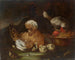 van een schilderij met twee hanen, een kip en zes kuikens bij hun voerbak in een landschap - Baldassare De Caro — weergave van het kunstwerk