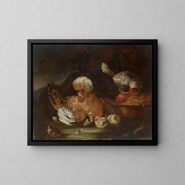 Two roosters, a hen, and six chicks at their manger in a landscape - Baldassare De Caro — framed artwork on a wall