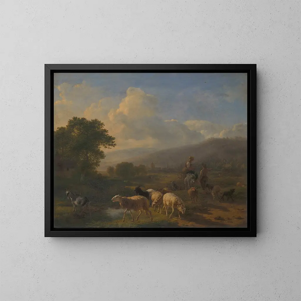 Shepherds with sheep in a mountainous landscape - Balthasar Paul Ommeganck — framed artwork on a wall