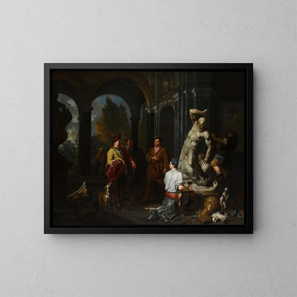 Elegant figures watching sculptors working on a Hercules and Antaeus statue in the courtyard of a palace - Balthasar van den Bossche — framed artwork on a wall