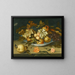 Natuurstudie met een Delftse kom met fruit op een rand met bloemen, insecten en een hagedis - Balthasar van der Ast — ingelijst kunstwerk aan de muur