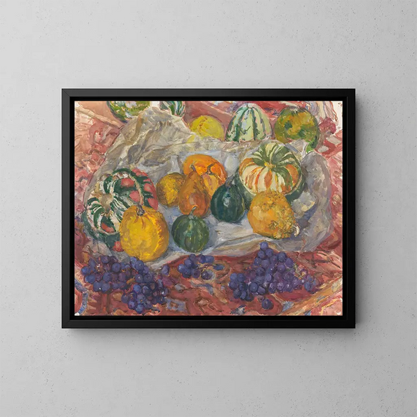Pumpkin and Grape Still Life Painting on a Tapestry - Barbara Elisabeth van Houten — framed artwork on a wall