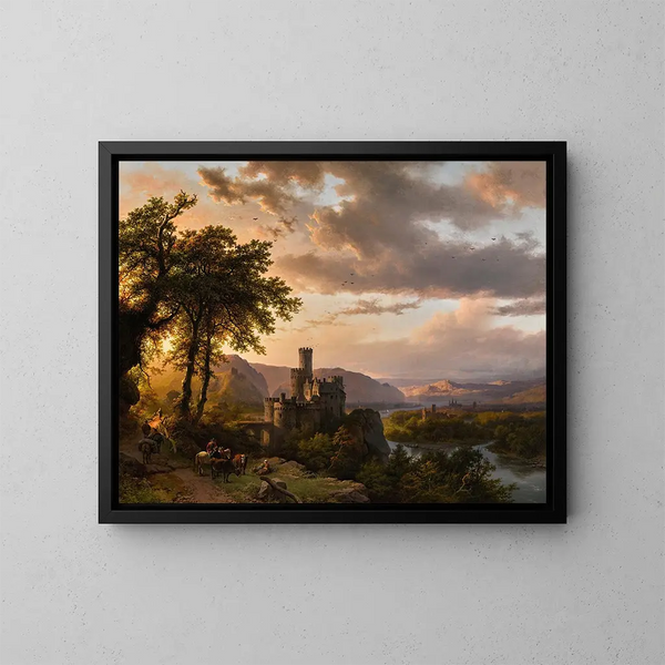 a rolling landscape with a castle and travelers on a path - Barend Cornelis Koekkoek — framed artwork on a wall