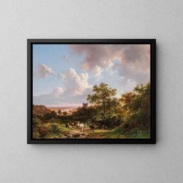 A panoramic landscape with a view of the Middle Rhine and a castle - Barend Cornelis Koekkoek — framed artwork on a wall