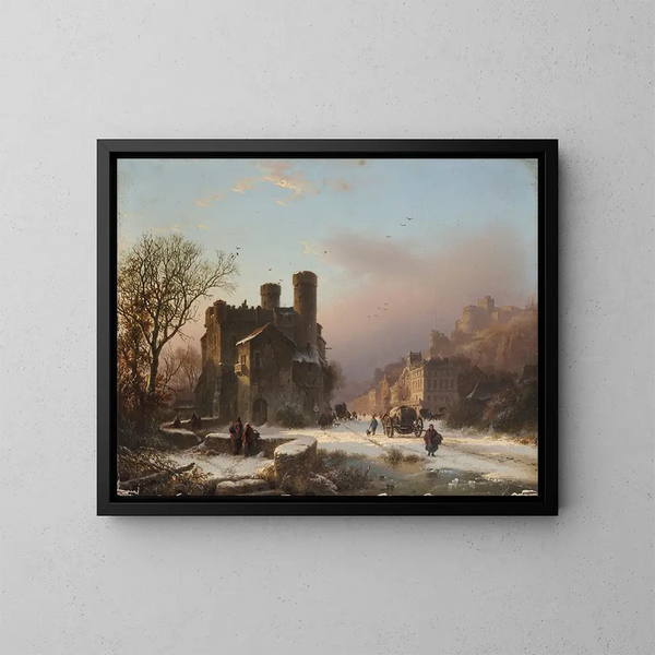 a winter landscape with figures near a village - Barend Cornelis Koekkoek — framed artwork on a wall