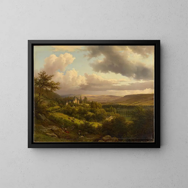 Luxembourg landscape with view of Berg Castle - Barend Cornelis Koekkoek — framed artwork on a wall