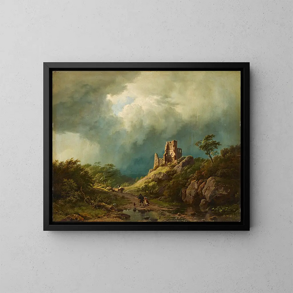 Voyageurs passant devant un château en ruines dans un paysage orageux - Barend Cornelis Koekkoek — framed artwork on a wall