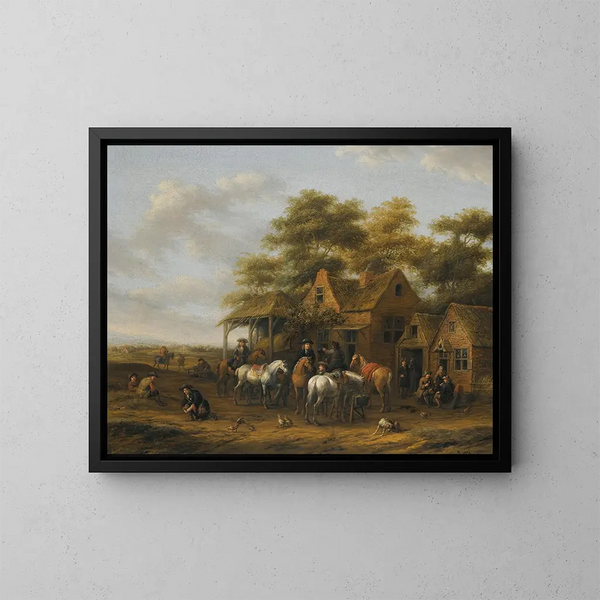 Scene of a village with many figures, horses, and chickens - Barent Gael — framed artwork on a wall