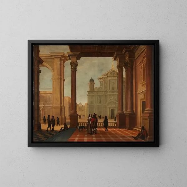 an architectural caprice with elegant figures and a church in the distance - Bartholomeus van Bassen — framed artwork on a wall