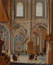 Binneninterieur van een kerk met elegant geklede personen, broeders en een geestelijke - Bartholomeus van Bassen — weergave van het kunstwerk