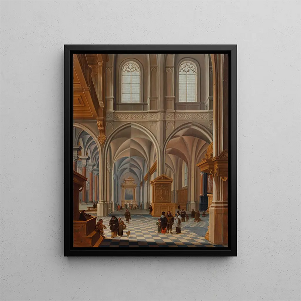Interior of a church with elegantly dressed characters, brothers, and a clergyman - Bartholomeus van Bassen — framed artwork on a wall