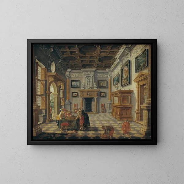 Luxurious Renaissance interior with backgammon players - Bartholomeus van Bassen — framed artwork on a wall