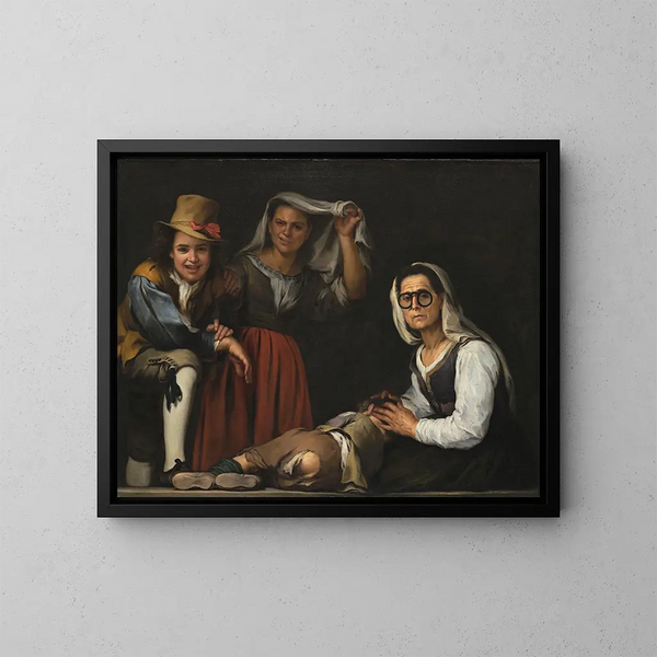 Four figures on a step - Bartolomé Esteban Murillo — framed artwork on a wall