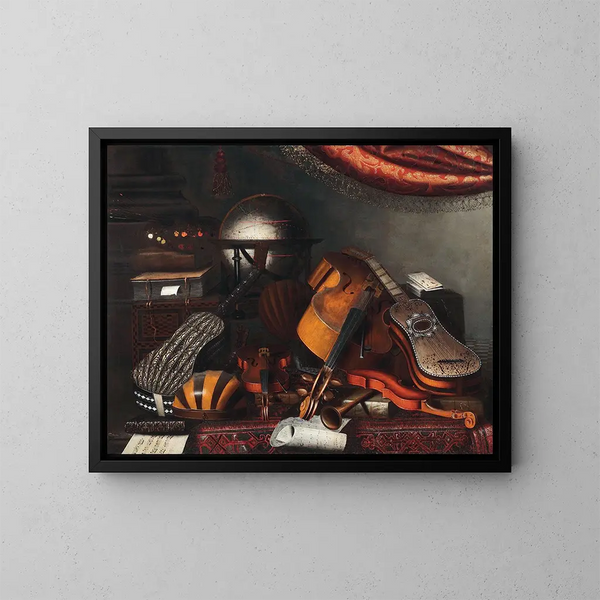 Still life with musical instruments, books, and playing cards - Bartolomeo Bettera — framed artwork on a wall