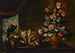 Een zilveren bord met gevogelte en een aardewerken vaas met diverse bloemen op een tafel met een papegaai en een gordijn, een landschap daarachter - Bartolomeo Ligozzi — weergave van het kunstwerk