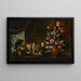 Een zilveren bord met gevogelte en een aardewerken vaas met diverse bloemen op een tafel met een papegaai en een gordijn, een landschap daarachter - Bartolomeo Ligozzi — ingelijst kunstwerk aan de muur