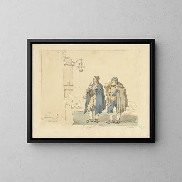 Player of the flute and bagpipe player in front of a house - Bartolomeo Pinelli — framed artwork on a wall