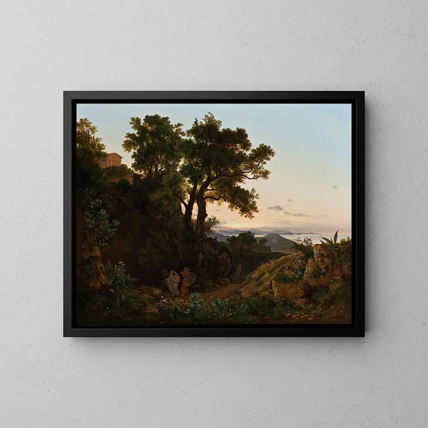 Italiaanse landschapsschilderij met Aeneas en de Sibylle van Cumes - Beniamino De Francesco — ingelijst kunstwerk aan de muur